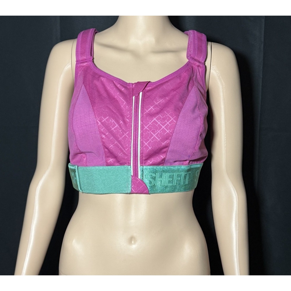 SHEFIT Ultimate High Impact Sports Bra Pink Teal Green Geometric Zip Front 3Luxe